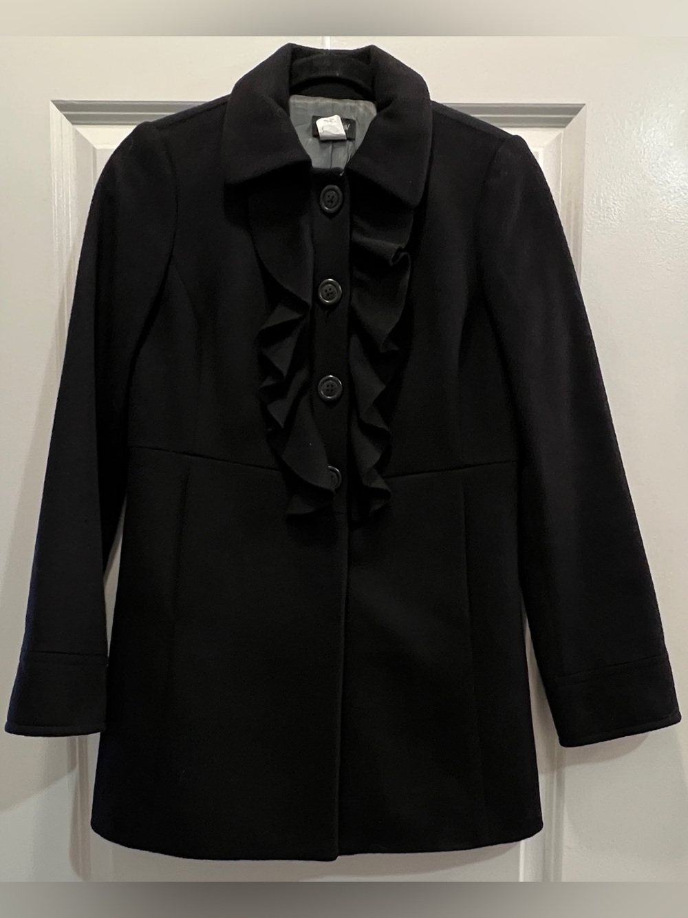 J. Crew Black 100% Wool Ruffle Front Coat Size 0 Fall Winter Classic Preppy - Picture 1 of 6